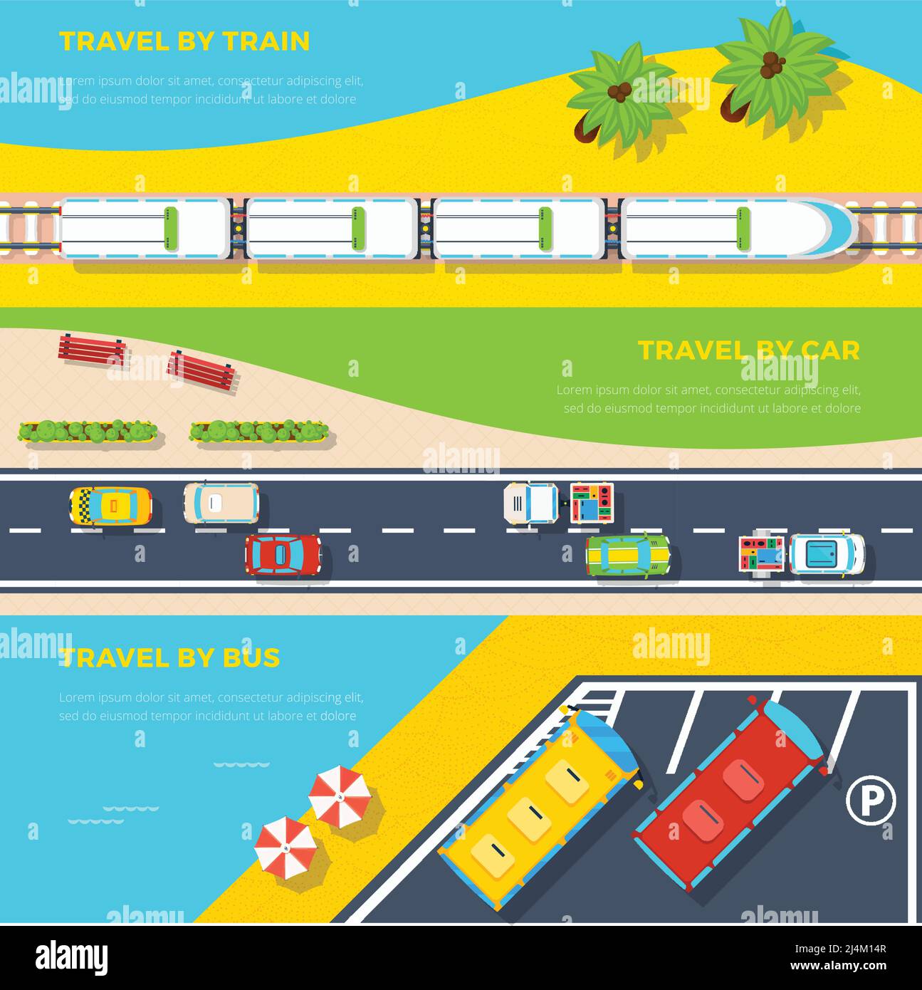 Draufsicht horizontale Banner mit drei Arten zu reisen Zug Auto und Bus flache Vektor-Illustration Stock Vektor