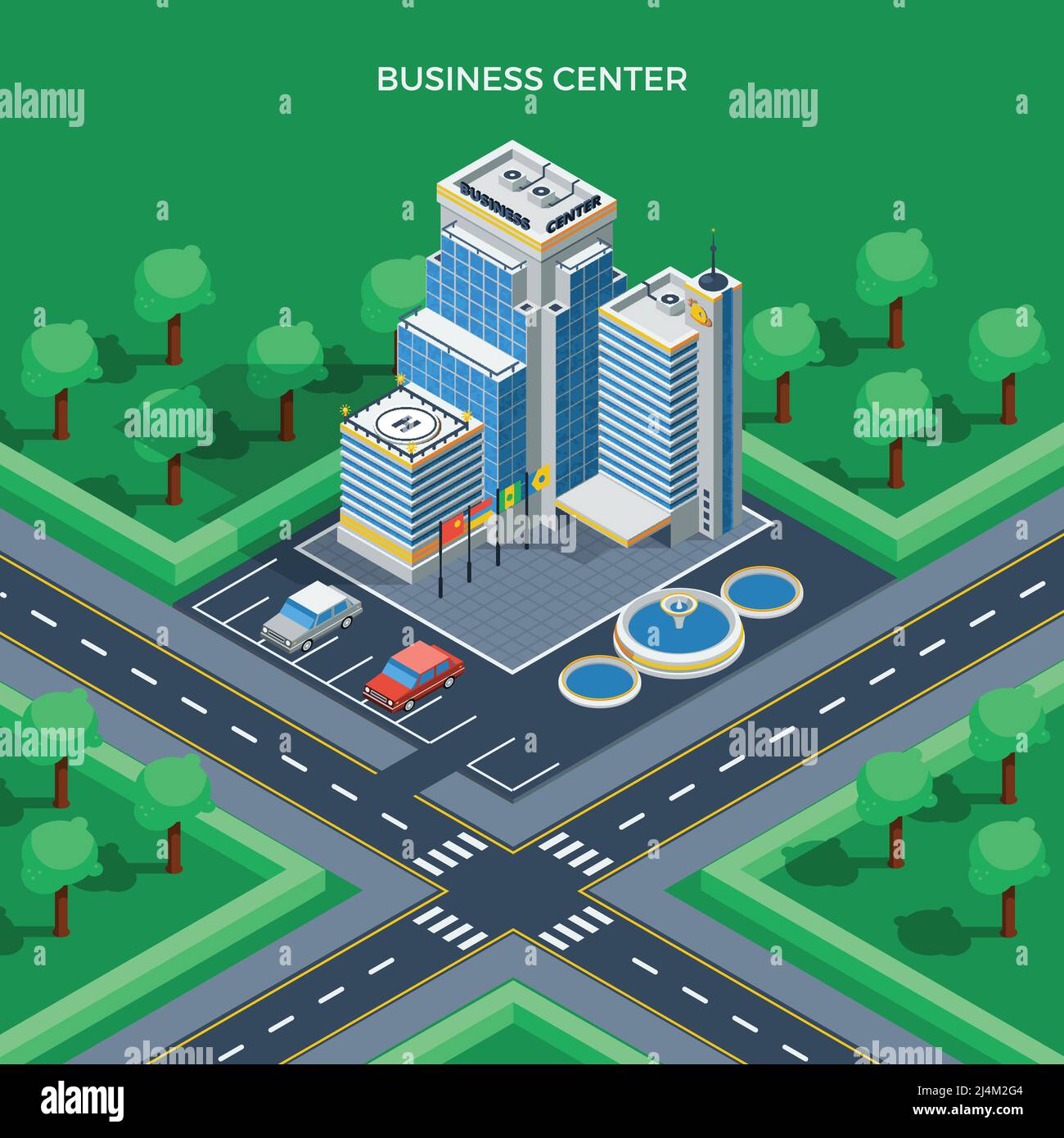 Business Center mit isometrischem Konzept mit Blick von oben und Parkbrunnen Grüner Park um Vektor-Illustration Stock Vektor