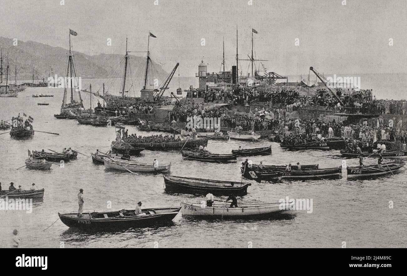 Santa Cruz de Teneriffa, Kanarische Inseln, Spanien. Die spanischen Expeditionskräfte landeten während des Kubanischen Krieges. Fotogravur, 1898. Stockfoto