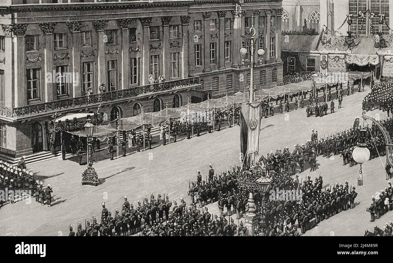 Amsterdam, Holland. Amtsantritt der niederländischen Wilhelmina (1880-1962). Eingang der Königin in den Palast, nach der religiösen Zeremonie in Nieuwe Kerk am 6. September 1898. Gravur. La Ilustración Española y Americana, 1898. Stockfoto