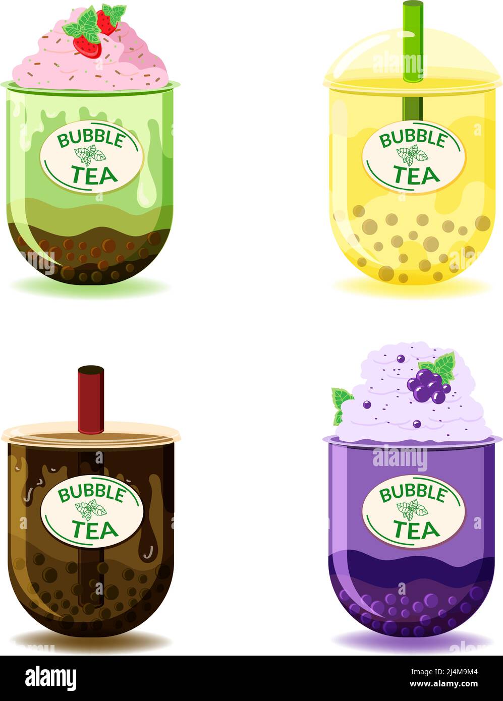 Eine Reihe von verschiedenen Teesorten. Flache lackierte Elemente. Schicke Getränke. Grüner Tee, Matcha-Milch, Kakao-Brownie und fruchtig, bestehend aus gemischten Früchten Stock Vektor