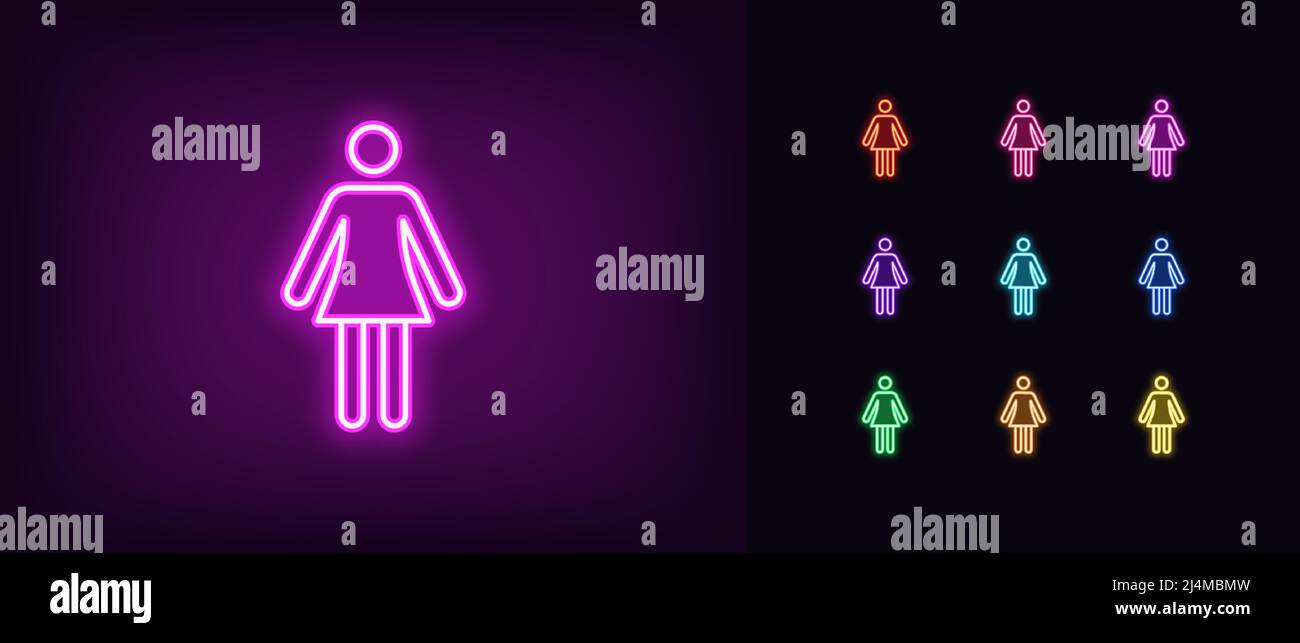 Umreißt das Symbol der Neon-Frau. Leuchtende Neon Frauen Silhouette, weibliche Person Piktogramm. Menschliche Figur und Silhouette, weiblicher Körper und Frauenprofil, Dame, FEM Stock Vektor