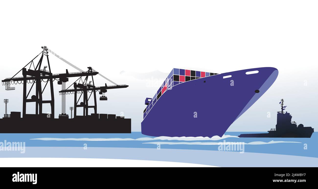 Containerschiff mit Schlepper im Hafen, Abbildung Stock Vektor