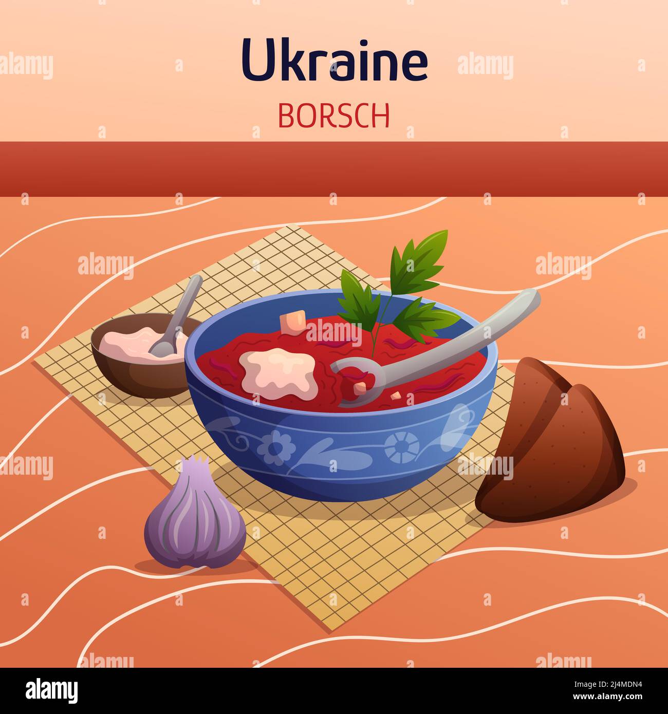 Ukrainische ethnische Küche Zusammensetzung mit Borsch, Schüssel mit saurer Creme, braunem Roggenbrot und Knoblauch. Konzept flache handgezeichnete Vektorgrafik. Essen Gerichte Kunst Stock Vektor