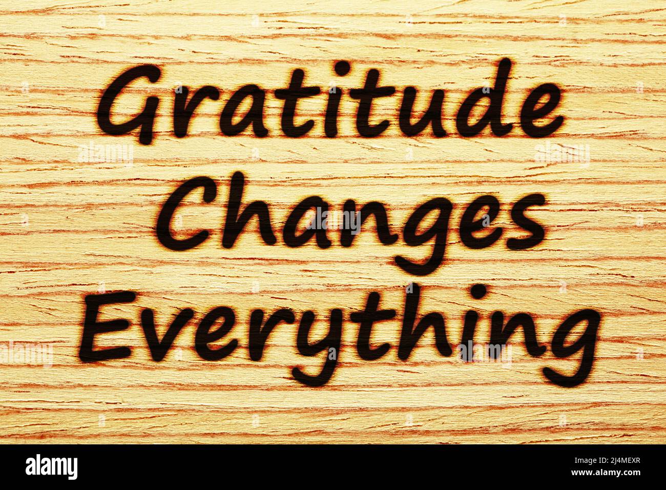 Handschriftliche Motivationsbotschaft Dankbarkeit verändert alles, was auf Holz verbrannt wird. Konzept über Dankbarkeit, Dankbarkeit und Wertschätzung. Stockfoto