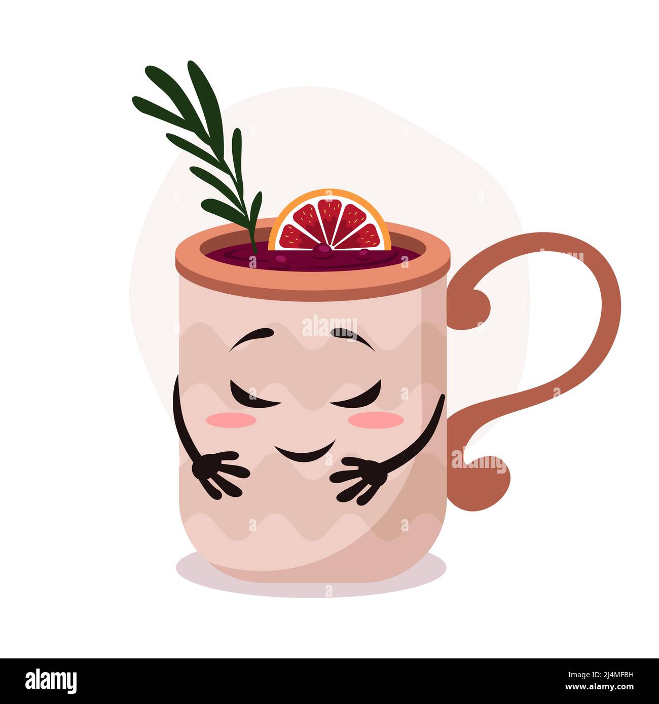 Vector große braune Tasse mit heißem Getränk. Glühwein mit Rosmarin und Orange. Lustige Cartoon Tasse Charakter mit Lächeln. Stock Vektor