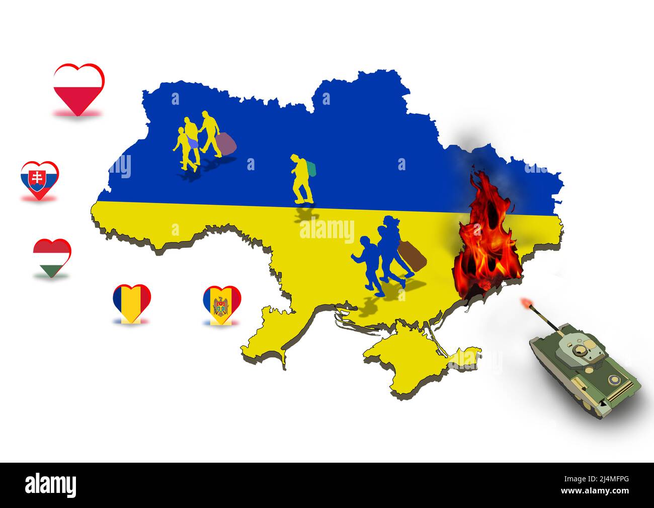 ukrainische Flüchtlinge bewegen sich für russischen Panzerangriff in mariupol Illustration Stockfoto