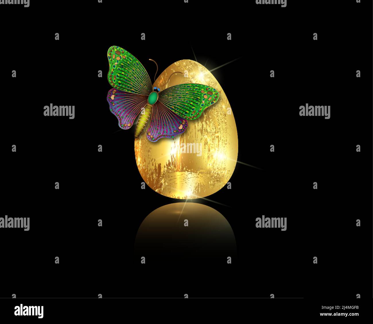 Realistisches goldenes Ei mit Luxus-Schmetterling, Ostern Konzept Vektor-Illustration isoliert auf schwarzem Hintergrund Stock Vektor