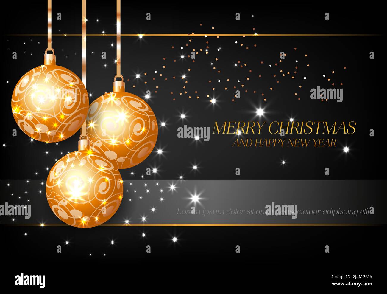 Frohe Weihnachten mit goldenen Zierkugeln. Inschrift mit drei goldenen Kugeln auf schwarzem Hintergrund. Kann für Poster, Banner, gr Stock Vektor