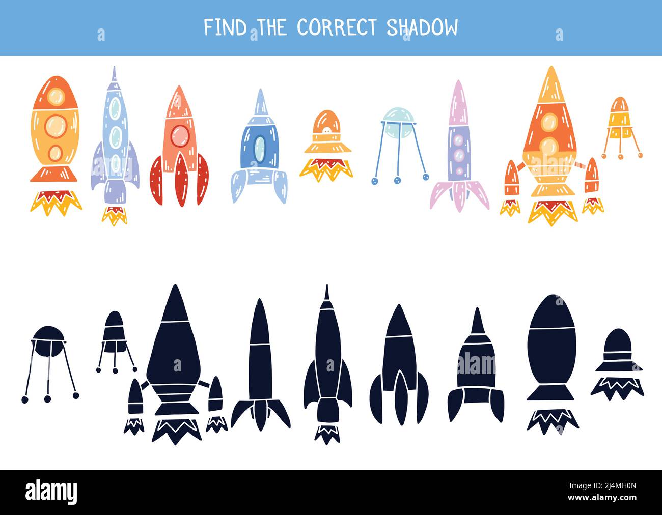 Finden Sie den richtigen Schatten. Pädagogischer Spaß für Kinder. Finde die richtige schwarze Silhouette für Raketen. Cartoon-Raumschiff, Satellit und Raumschiff. Vektor Stock Vektor