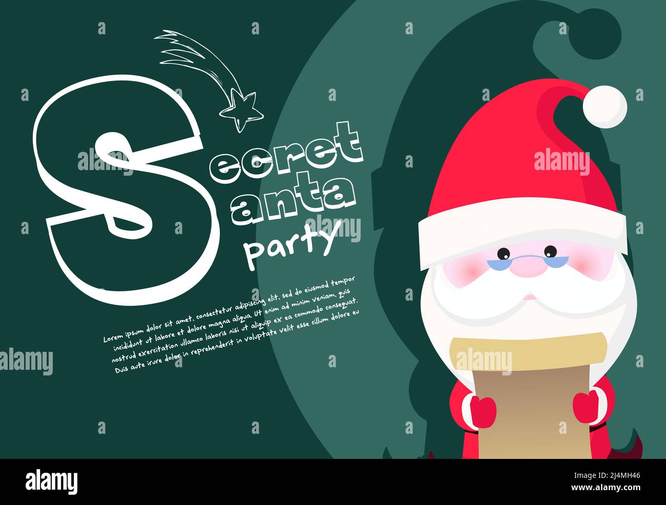 Secret Santa Party Banner Design mit konzentriertem Weihnachtsmann in Brille Lesesrolle auf grünem Hintergrund. Beschriftung mit realistischen Elementen kann sein Stock Vektor