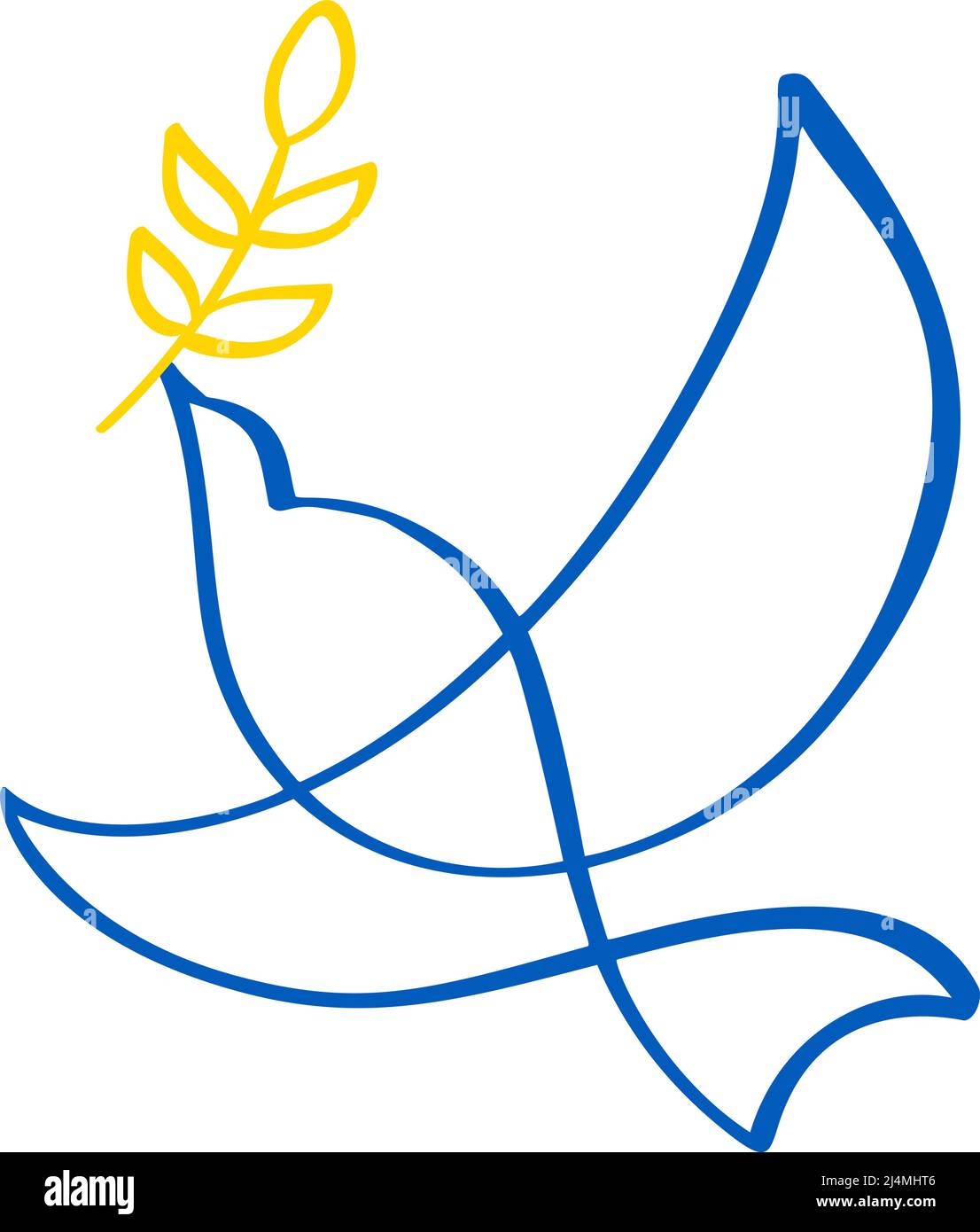 Fliegende Friedenstaube mit Olivenzweig. Kein Krieg. Militärischer Konflikt zwischen Russland und der Ukraine. Kalligraphie Vektor Illustration. Symbol des Friedens und Stock Vektor