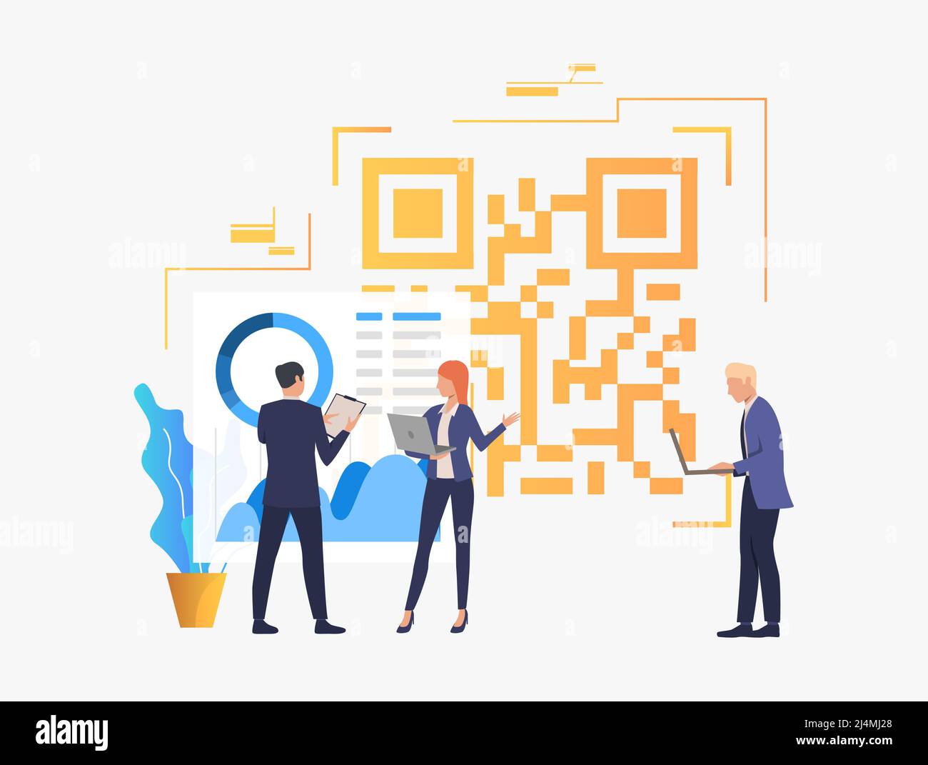 Geschäftsleute diskutieren im Büro über Probleme und großen QR-Code. Identifikation, Workflow, Analysekonzept. Vektorgrafik kann für Themen l verwendet werden Stock Vektor