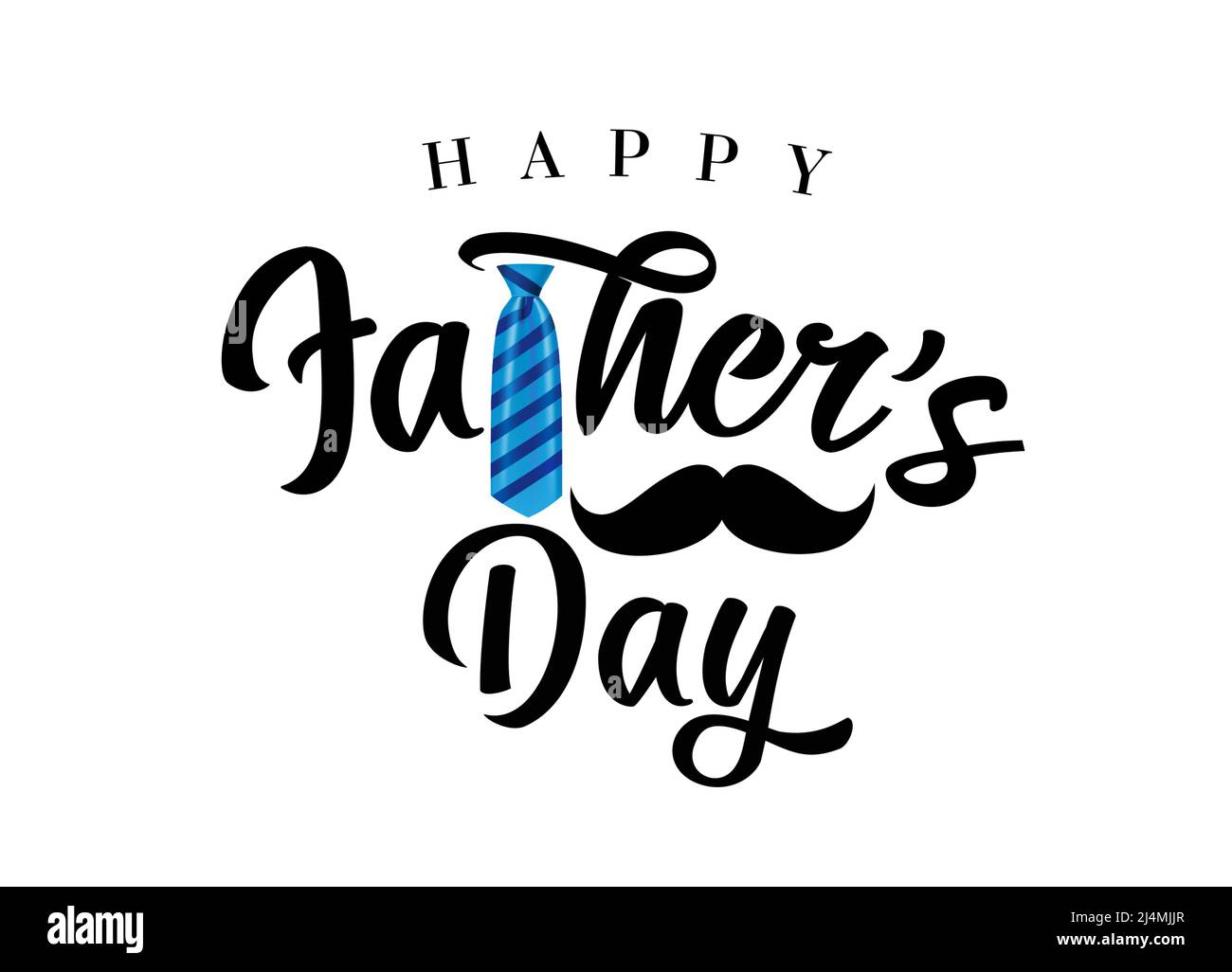 Happy Father’s Day schwarze Kalligraphie Schriftzug. Vektor-Illustration mit blau gestreiften Krawatte und Schnurrbart für Väter Tag Sonderangebot Banner Stock Vektor