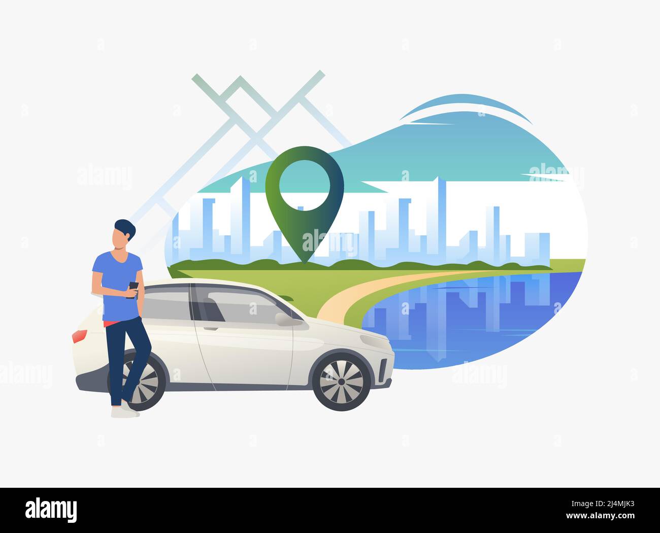 Mann, der mit dem Auto steht, mit Stadtbild im Hintergrund. Transport, Fahrzeugkonzept. Vektorgrafik kann für Themen wie Business, Car Sharing se verwendet werden Stock Vektor