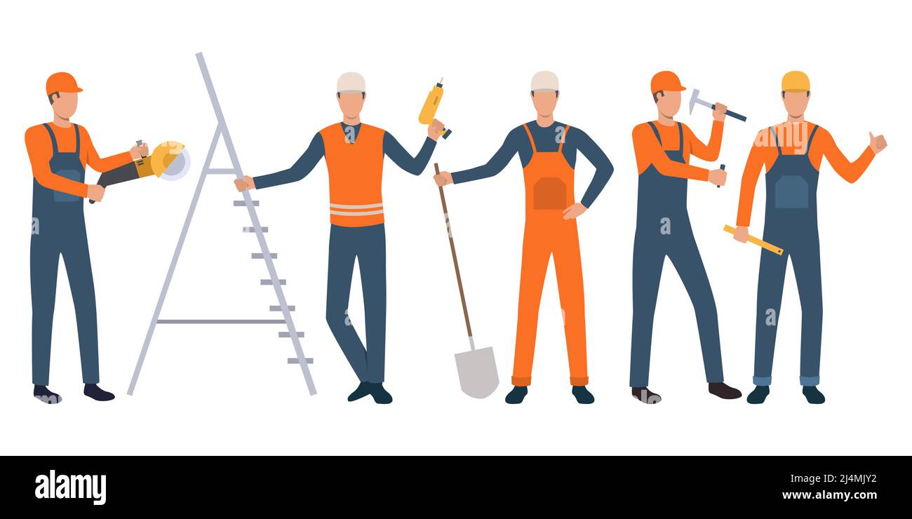 Set von Bauherren und Handwerker stehen, halten Werkzeuge und arbeiten. Gruppe von Männern in Uniform. Vektor-Illustration für die Bauarbeit Präsentation sli Stock Vektor