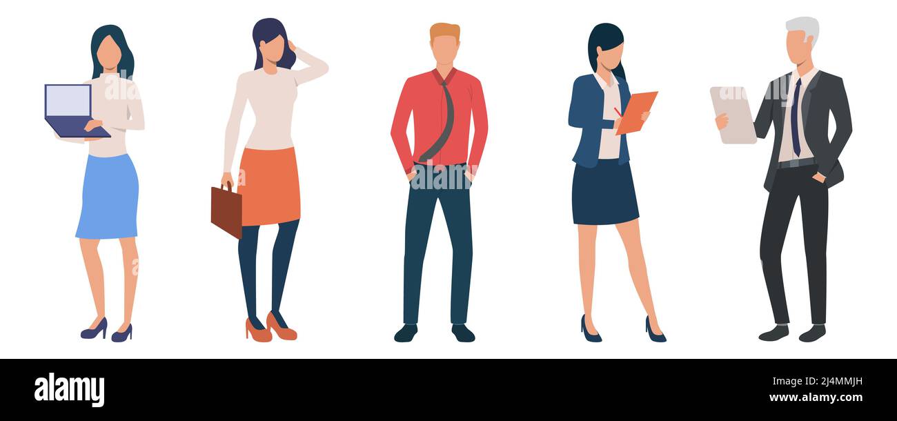 Gruppe von jungen Unternehmerinnen und Unternehmerinnen. Eine Gruppe von Geschäftsleuten mit Dokumenten und Geräten. Vektorgrafik kann für die Präsentation verwendet werden, com Stock Vektor