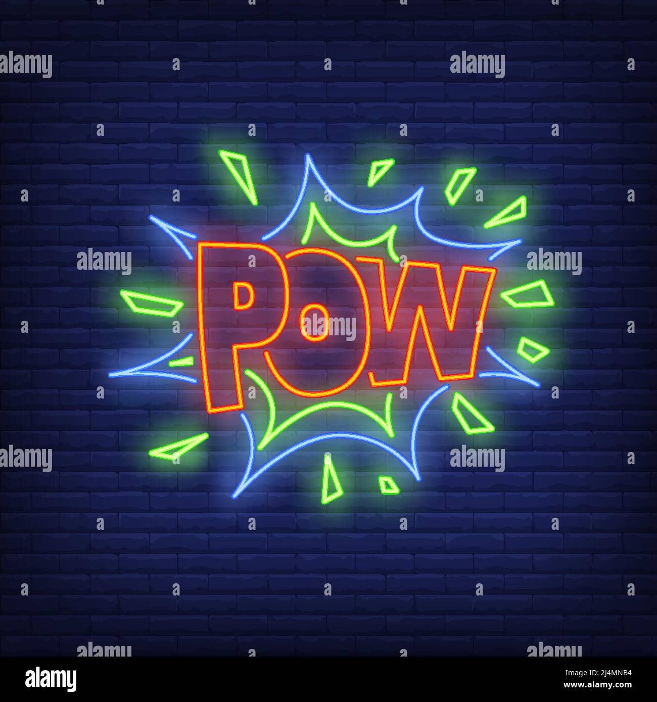 Neonschild mit POW-Schriftzug. Wort-in-Rede-Blase auf Backsteinwand-Hintergrund. Vektor-Illustration im Neon-Stil für Plakate, Banner, Überraschung Stock Vektor