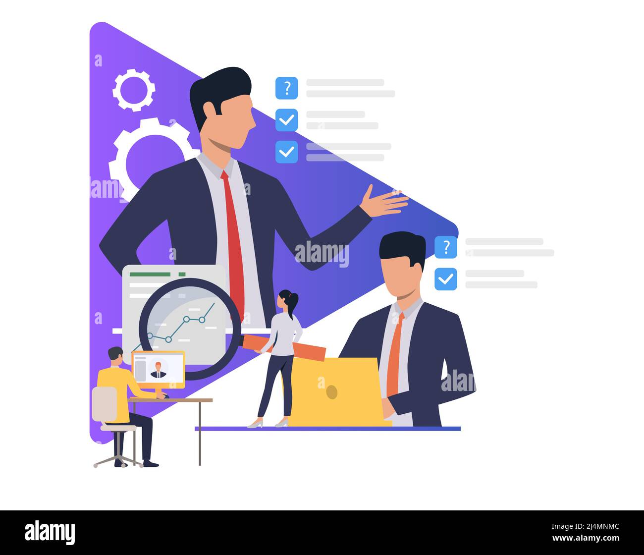 Geschäftsleute, die arbeiten und Aufgaben erledigen. Chef, Manager, moderne Technologie, Büro, Beispieltext. Geschäftskonzept. Vektorgrafik für Poster, pre Stock Vektor
