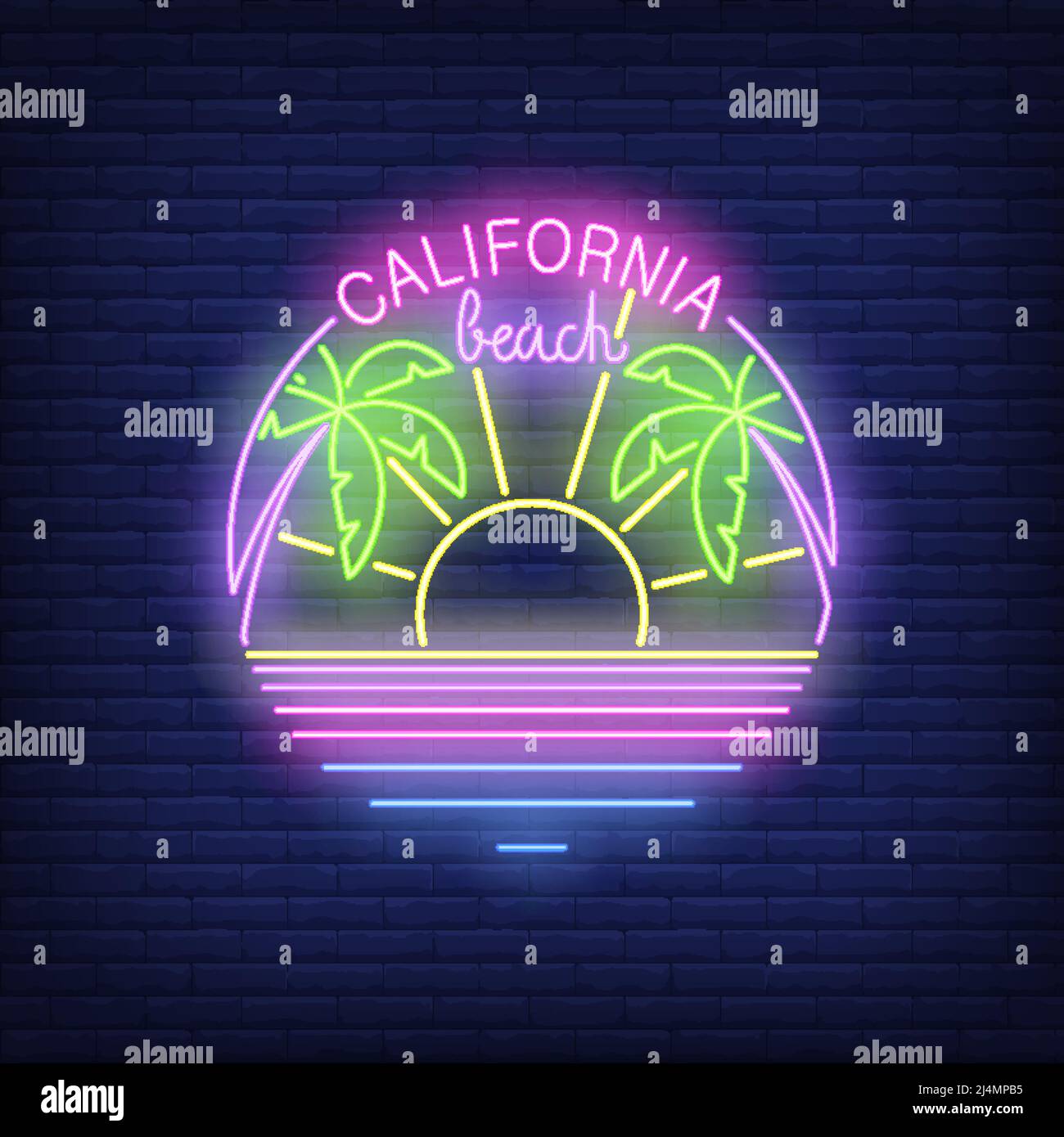 California Beach Neon Text mit Sonne, Palmen und Meer. Sommer-, Tourismus- und Urlaubsgestaltung. Nachts helles Neonschild, bunte Plakatwand, Lichtbande Stock Vektor