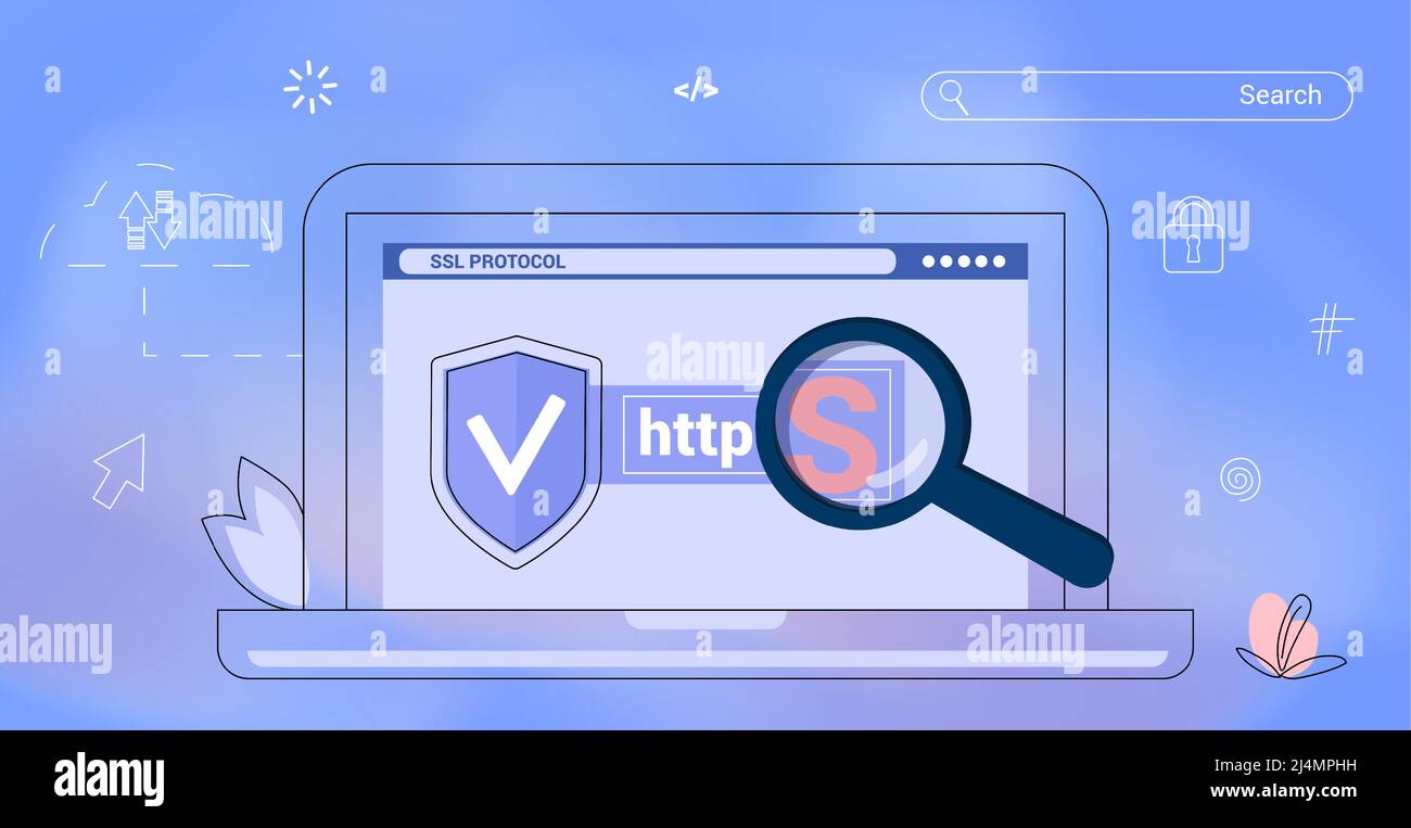 HTTPS-geschützte Verbindung sicheres Protokoll Sicherheitskommunikation Online-Netzwerke sicheres Surfen im Internet und Datensertificate encryptio Stock Vektor