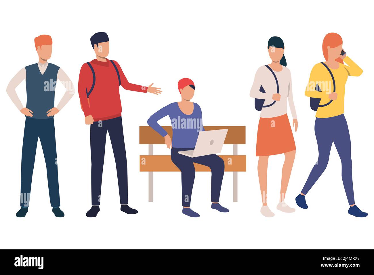 Sammlung von Studenten Mädchen und Jungen in den Schulferien. Gruppe von Schülern mit Taschen und Geräten. Vektorgrafik kann für Adverti verwendet werden Stock Vektor