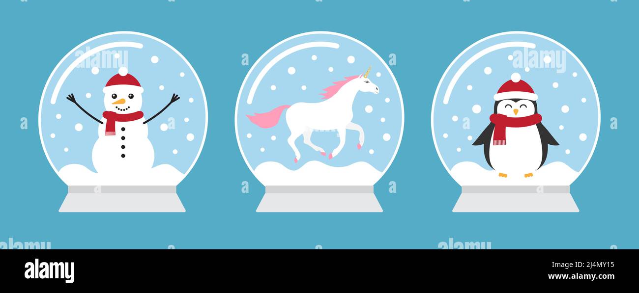 Vector flache Cartoon Set Bundle von drei Schneebällen mit Einhorn Schneemann und Pinguin auf blauem Hintergrund isoliert Stock Vektor