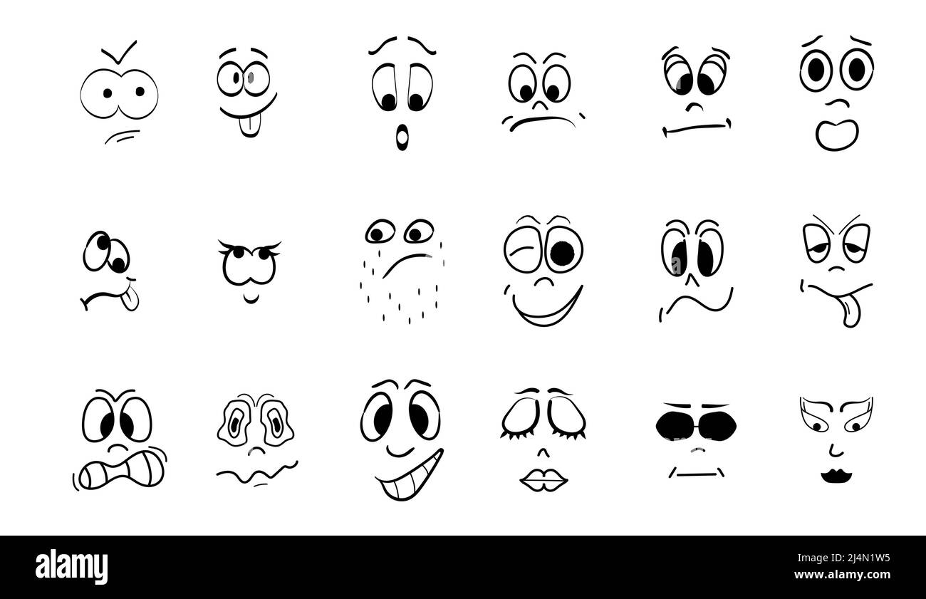 Crazy Faces Vektor in Linie Art-Stil gesetzt. Symbole für Emotionen, Avatar, Karikaturen. Gesichter, Augen, Grimassen Stock Vektor