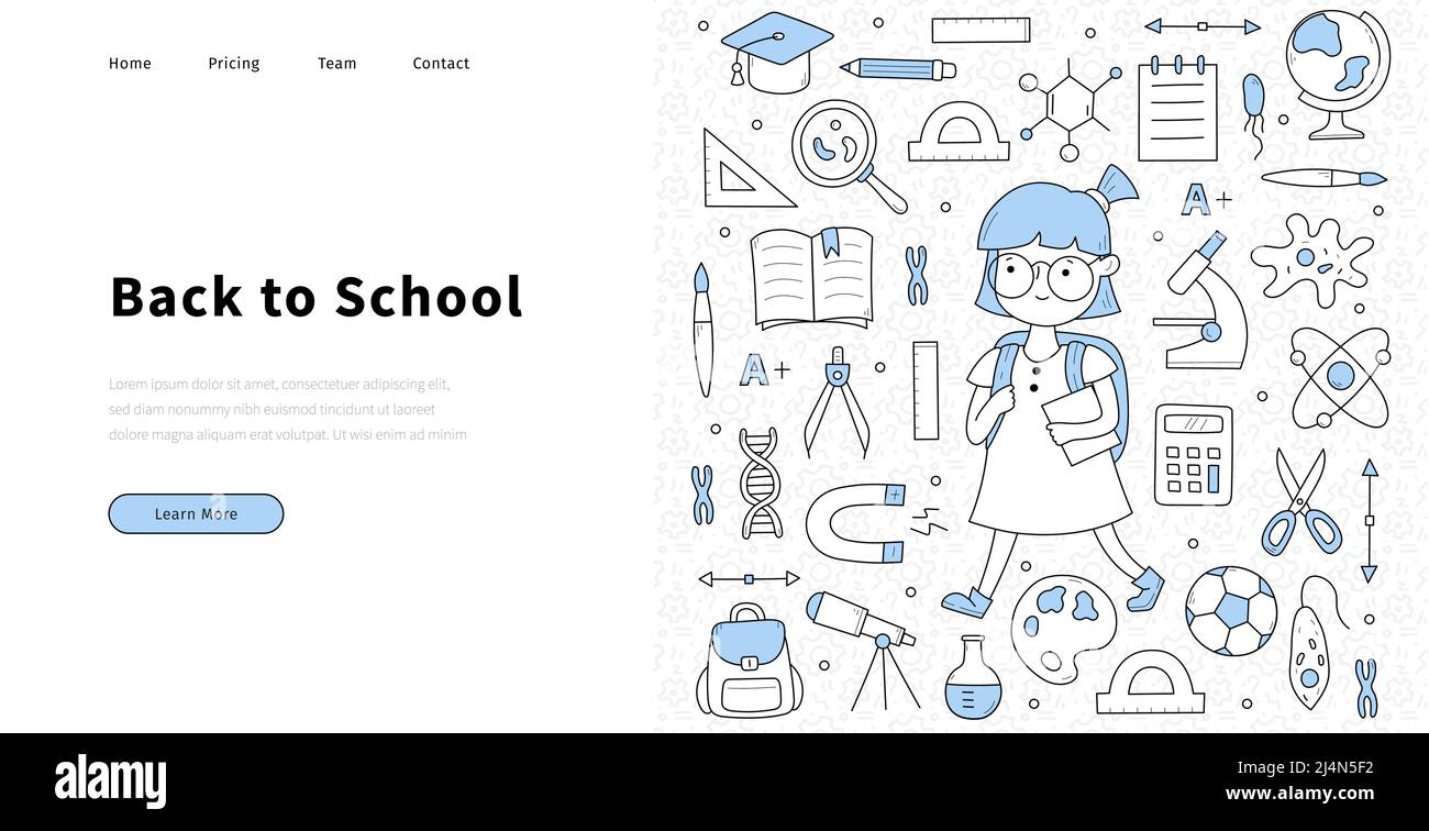 Zurück zur Schule Skizze Hand Zeichnung Web-Banner. Landing-Page-Vorlage für Online-Bildung mit Doodle-Icons und Line Art Science Zeug, Buch und Penci Stock Vektor