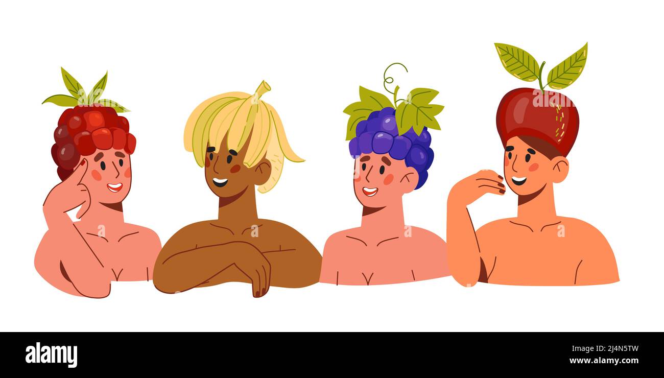 Weibliche Charaktere in ausgefallenen obstförmigen Hüten, flache Cartoon-Vektor-Illustration isoliert auf weißem Hintergrund. Sommer-Persönlichkeiten mit Früchten und Beeren Stock Vektor