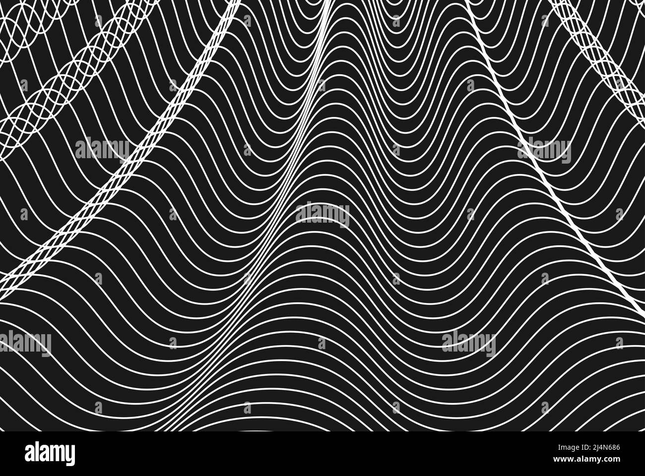 Weiße Wellenlinien auf schwarzem Grund, minimaler abstrakter Hintergrund, Hintergrund mit geometrischem Linienmuster Stock Vektor