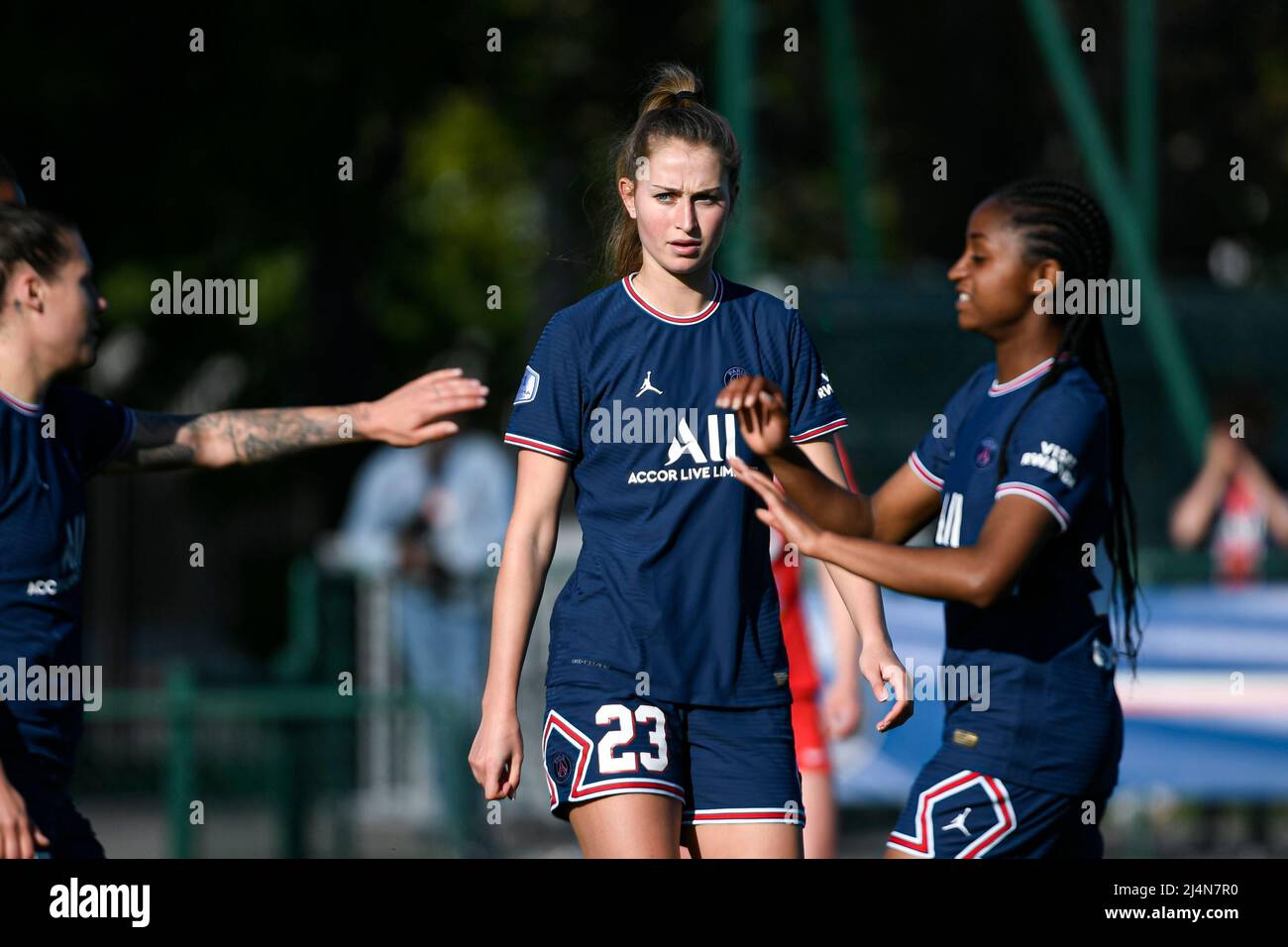 Saint-Germain-en-Laye, Frankreich. 16. April 2022. Jordyn Huitema von PSG während des französischen Meisterschaftsspiels der Frauen D1 Arkema zwischen Paris Saint-Germain (PSG) und GPSO 92 Issy am 16. April 2022 im Georges Lefevre-Stadion in Saint-Germain-en-Laye, Frankreich. Kredit: Victor Joly/Alamy Live Nachrichten Stockfoto