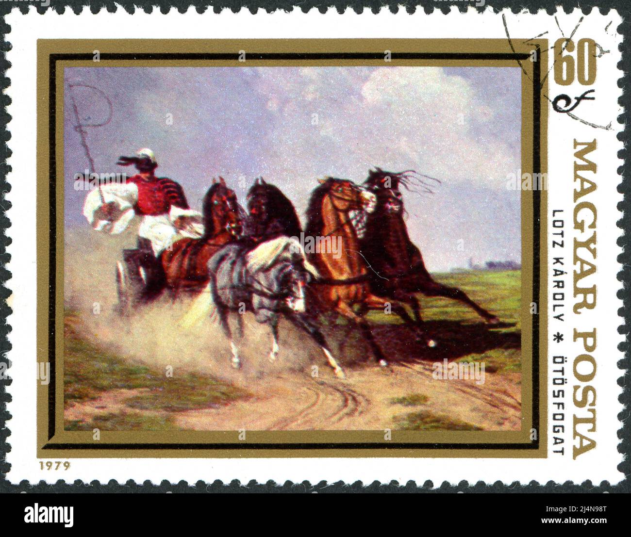 UNGARN - UM 1979: In Ungarn gedruckte Briefmarke, zeigt das Gemälde 'Coach and Five' eines deutsch-ungarischen Malers Karoly Lotz, um 1979 Stockfoto