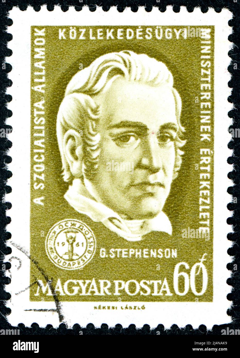 In Ungarn gedruckte Briefmarke, zeigt Porträt eines englischen Bauingenieurs und Maschinenbauingenieurs George Stephenson, um 1961 Stockfoto
