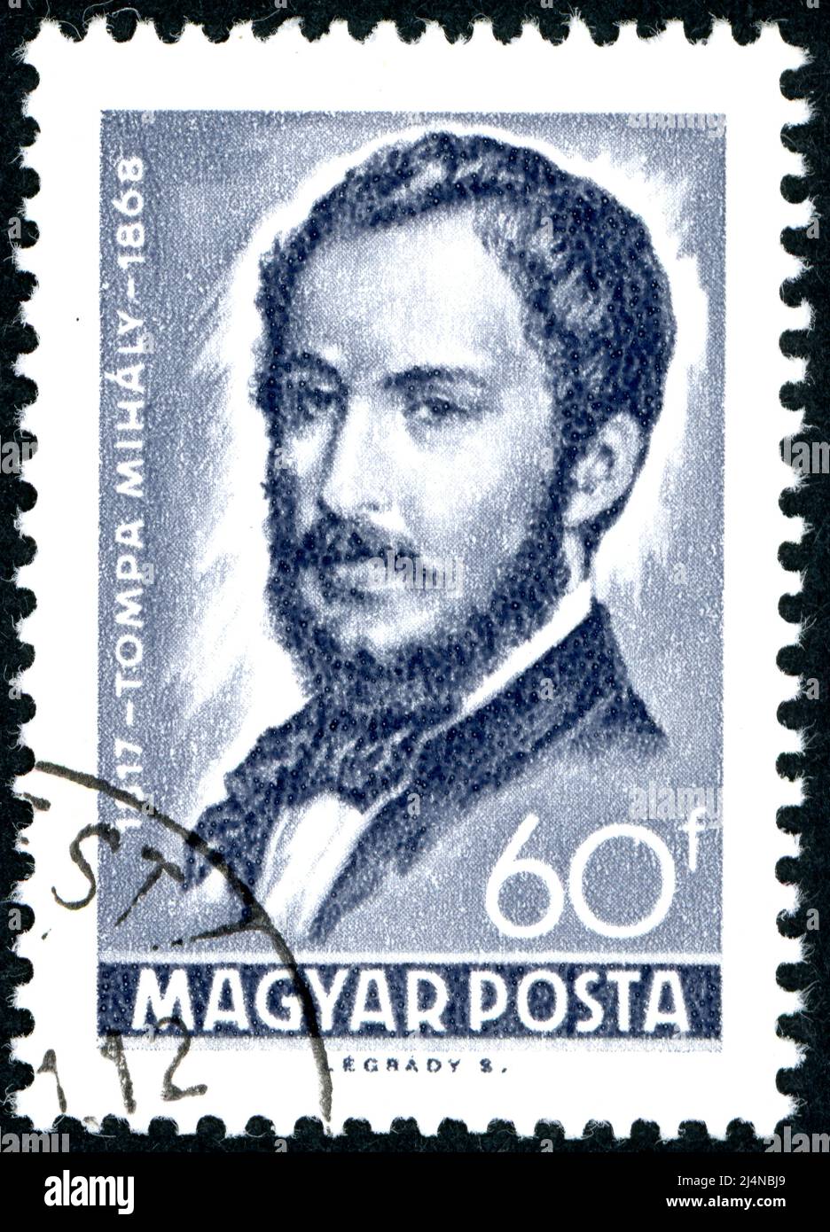 UNGARN - UM 1968: Briefmarke gedruckt in Ungarn, zeigt ein Porträt eines ungarischen Lyrikers, Dichter - Mihaly Tompa, um 1968 Stockfoto