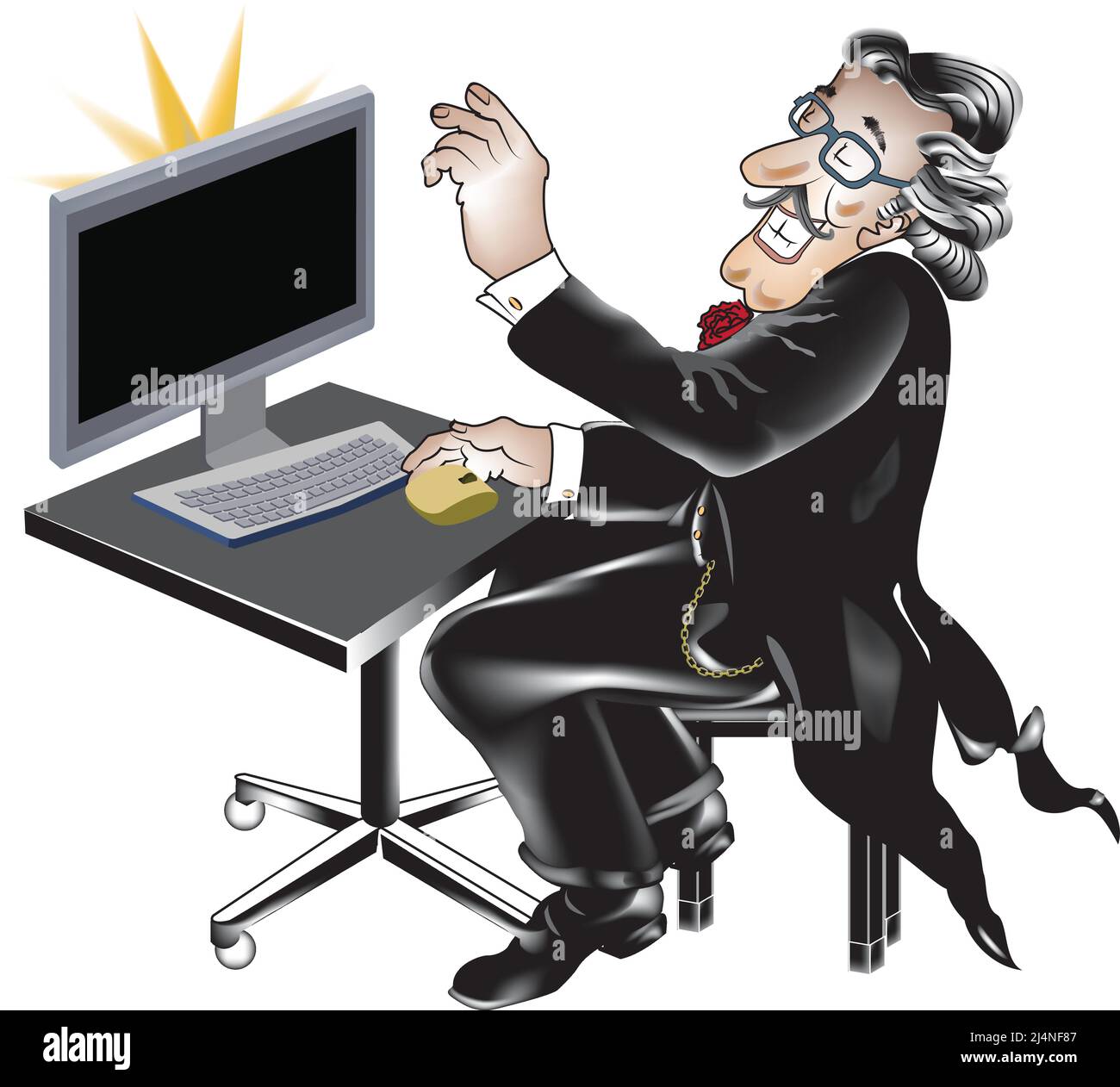 Lächelnder Pianist in einem Smoking, der an seinem Schreibtisch am Computer arbeitet. Stock Vektor