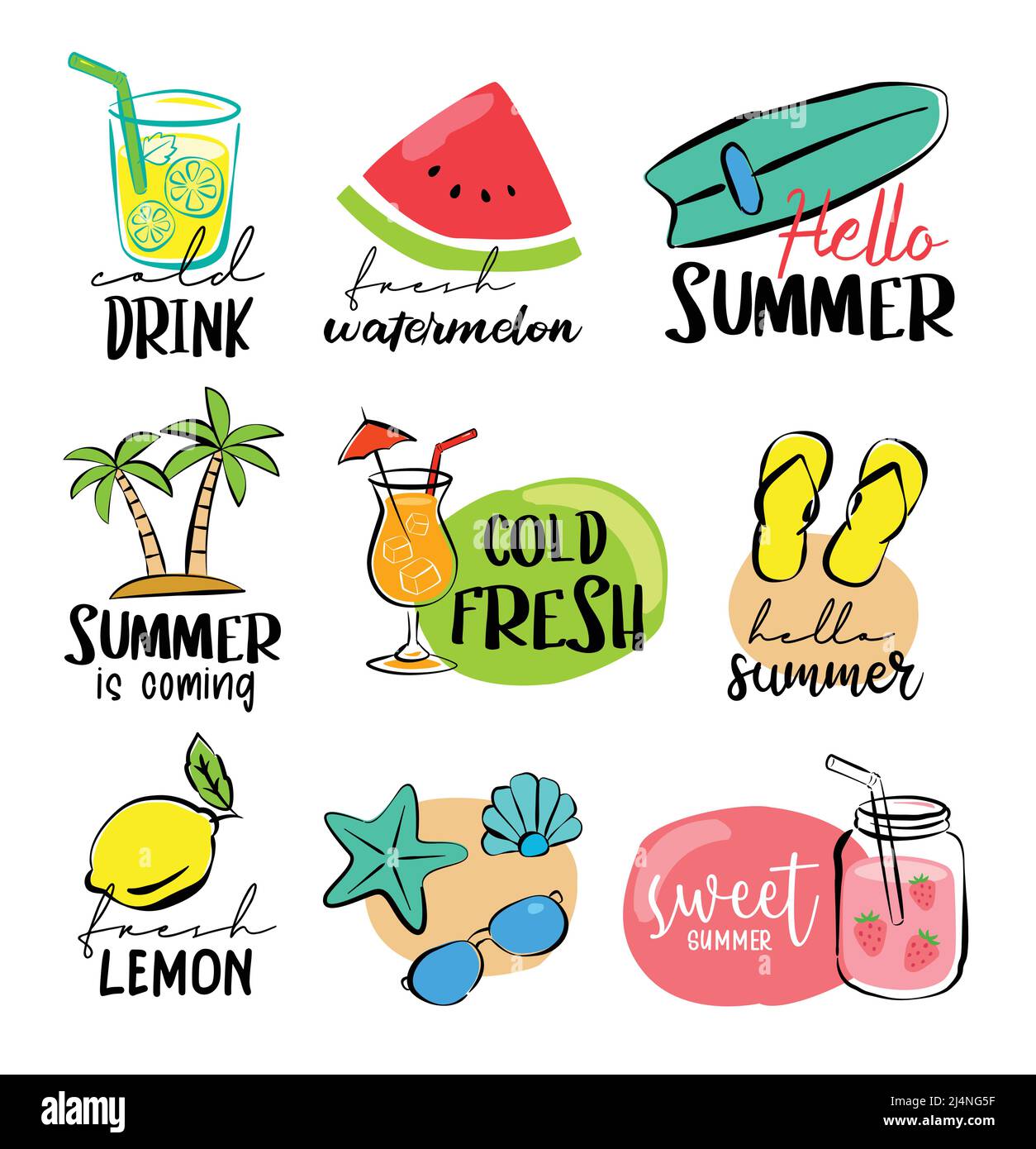 Handgezeichnete Schilder und Banner-Elemente reisen. Hallo Sommer Symbole und Objekte. Stock Vektor