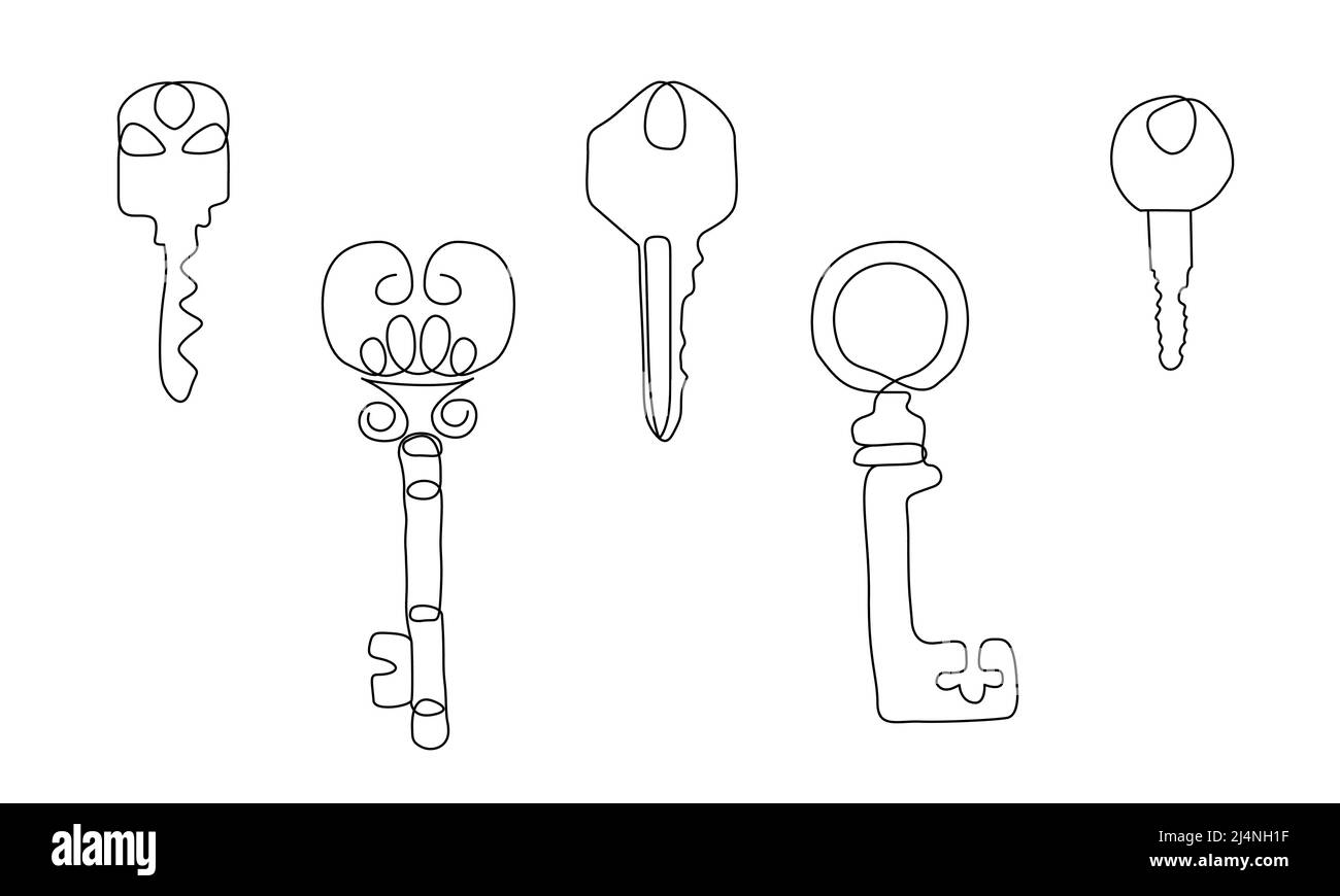 Satz von 5 einzeiligen Schlüsselzeichnungen. Kontinuierliche Linie Kunst der antiken alten Schlüssel für Immobilien. Isolierter, antiker Hotelschlüssel Stock Vektor