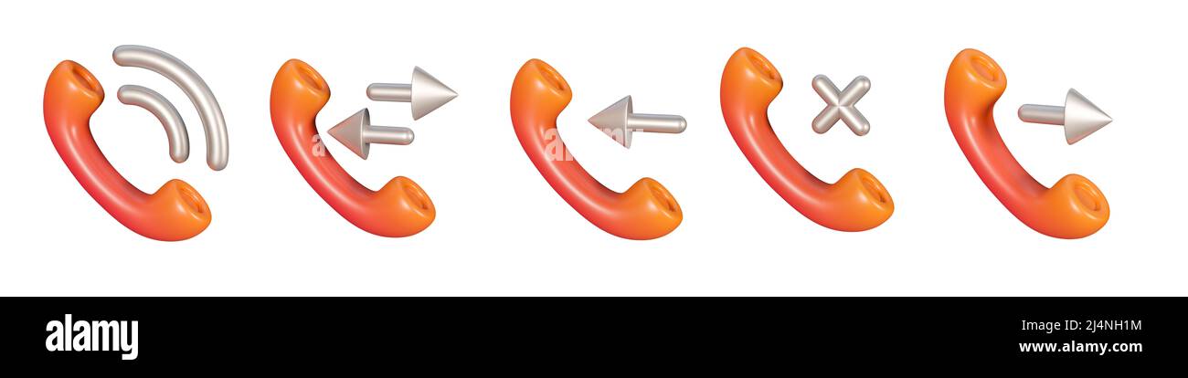 3D Telefonanruf-in-out-Symbol für Fehlruf auf weißem Hintergrund. Telefonanrufsymbol, Kontaktsymbol. Konzept eingehender Anrufe annehmen und ablehnen. 3D Rendern. Stockfoto