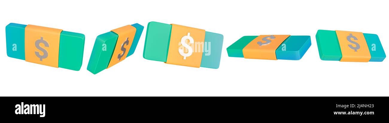 Geldsatz. Verpackung in Bündeln von Banknoten isoliert auf weißem Hintergrund. Website-Seite und Design von mobilen Apps. 3D Rendern. Stockfoto