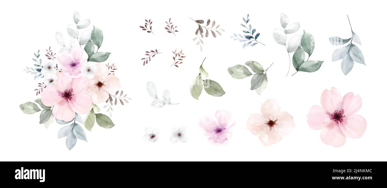 Set von Blumenstrauß Aquarell-Elemente auf weißem Hintergrund isoliert. Botanische Illustration Sammlung von Blumen, Blättern und Zweigen. Stock Vektor