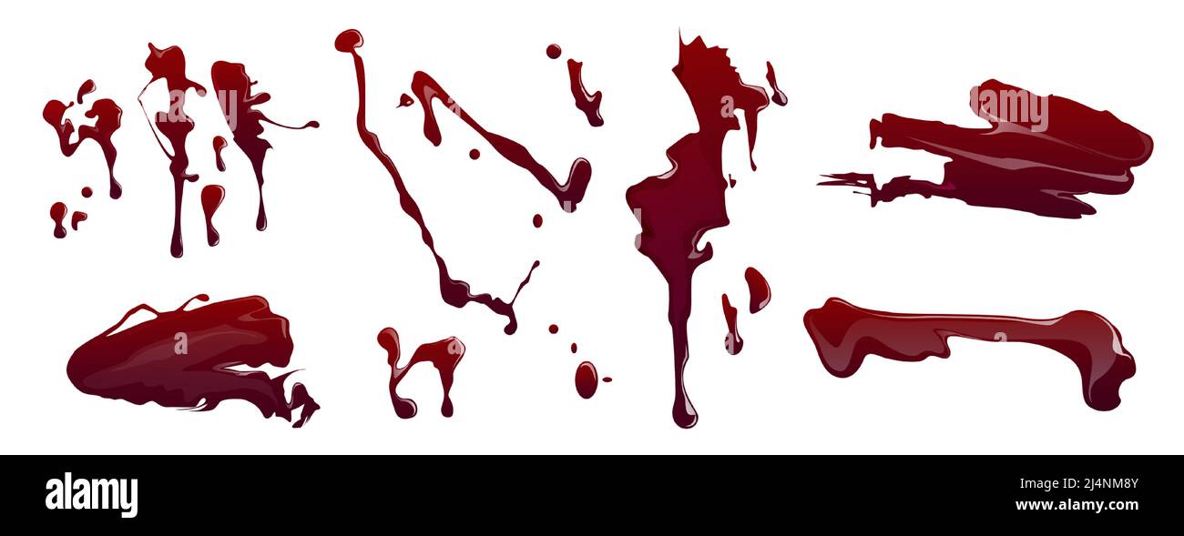 Flecken und Blutspritzer isoliert auf weißem Hintergrund. Vector Cartoon Satz von blutigen Spritzern, gruselige Sprays mit Tropfen. Flecken und Tropfen von rotem Liq Stock Vektor