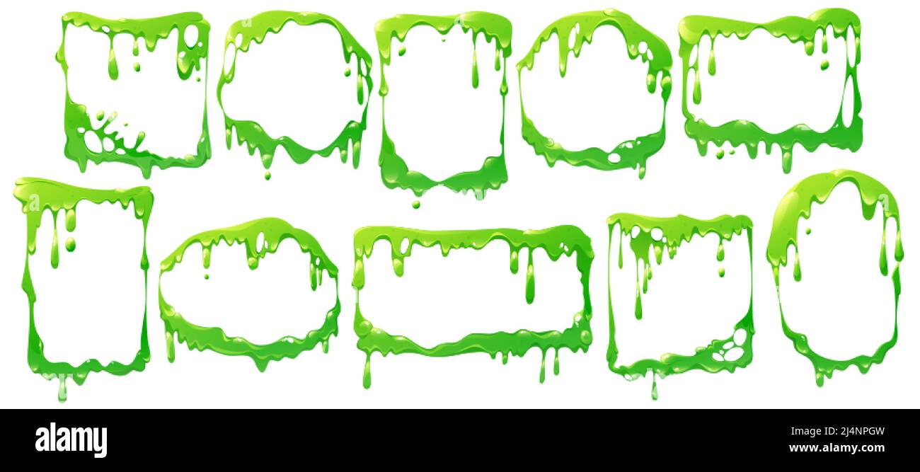 Rahmen von flüssigem grünem Schleim fließt, tropfendes Gift goo. Vector Cartoon Satz von Rändern verschiedene Formen von flüssigen Schleim Tropfen und klebrige ooze Splatte Stock Vektor