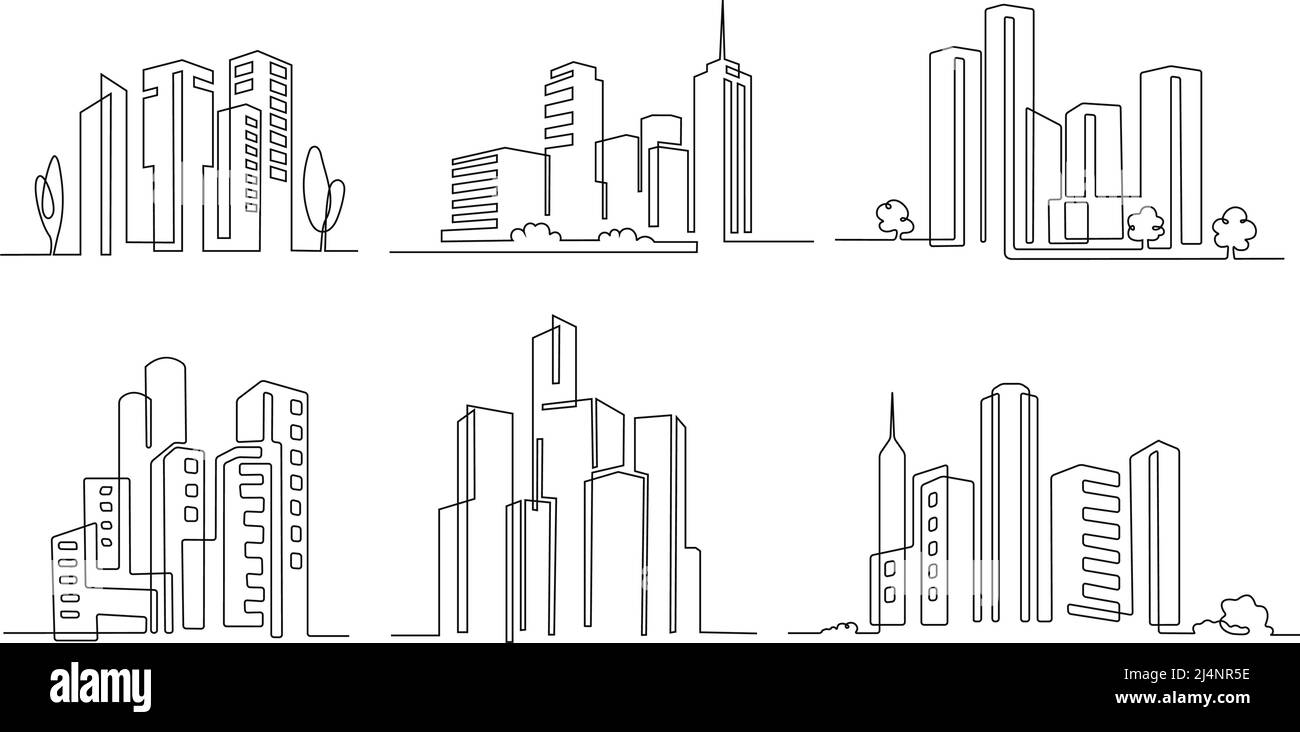 Eine Linie Stadt. Wolkenkratzer, lineares Stadtbild und moderne Vektorgrafik in der Innenstadt oder im Geschäftsviertel Stock Vektor