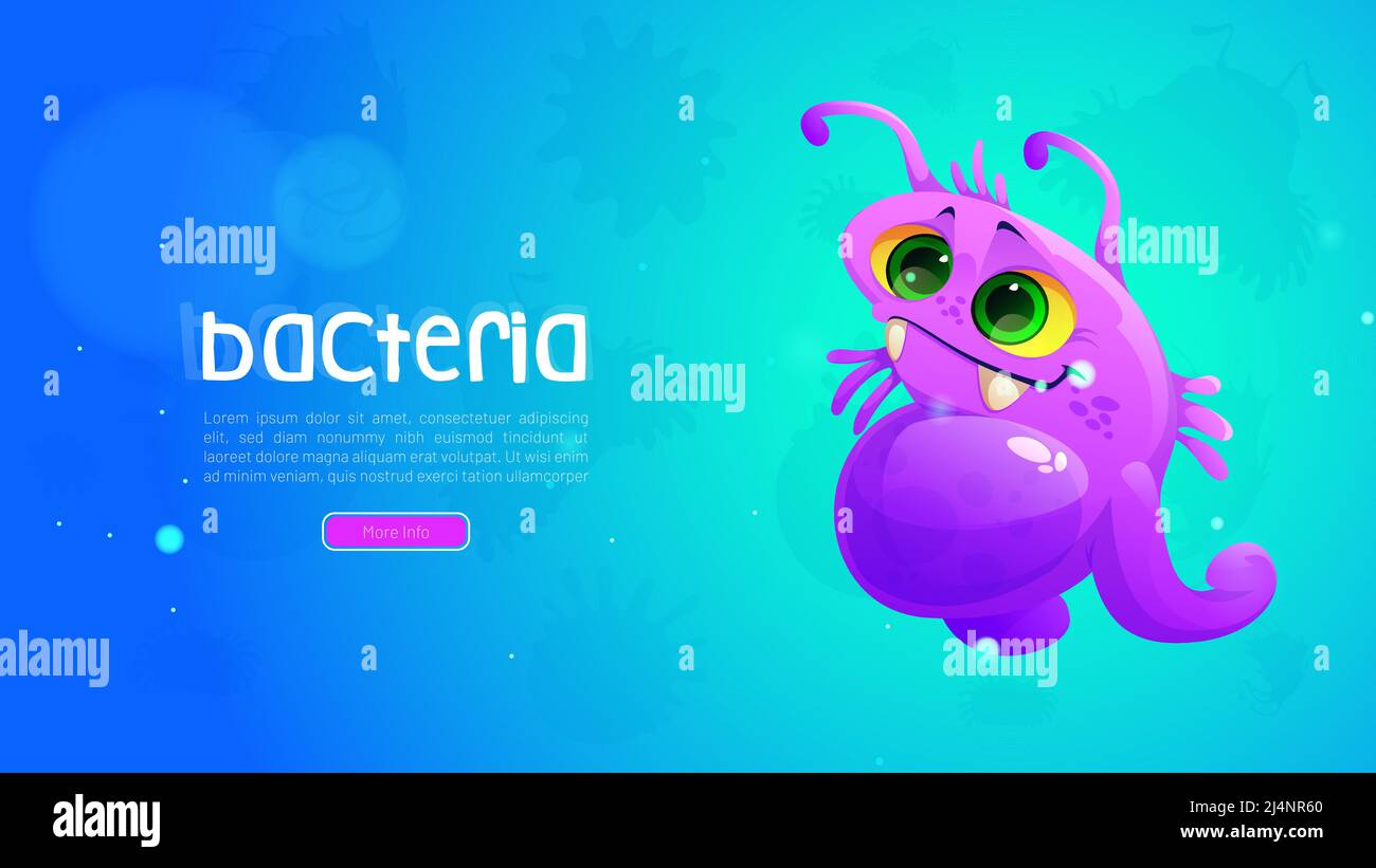 Cartoon Web-Banner mit niedlichen Bakterien oder Pathogen Zellcharakter. Lustige Virus, Mikrobe, lächelnde Mikroorganismus, lila Keim mit Antennen und Reißzähne, ein Stock Vektor