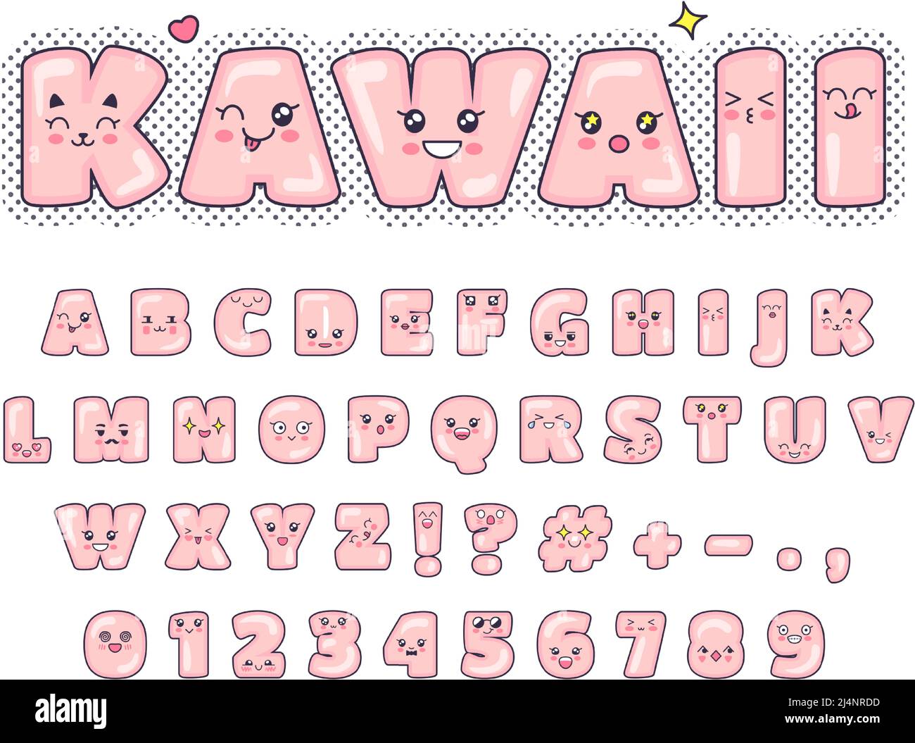 Kawaii-Schriftart. Niedliche Buchstaben mit entzückenden lächelnden Gesichtern. Stilisierter Text mit Vektor-Set für positive Gesichtsausdrücke Stock Vektor
