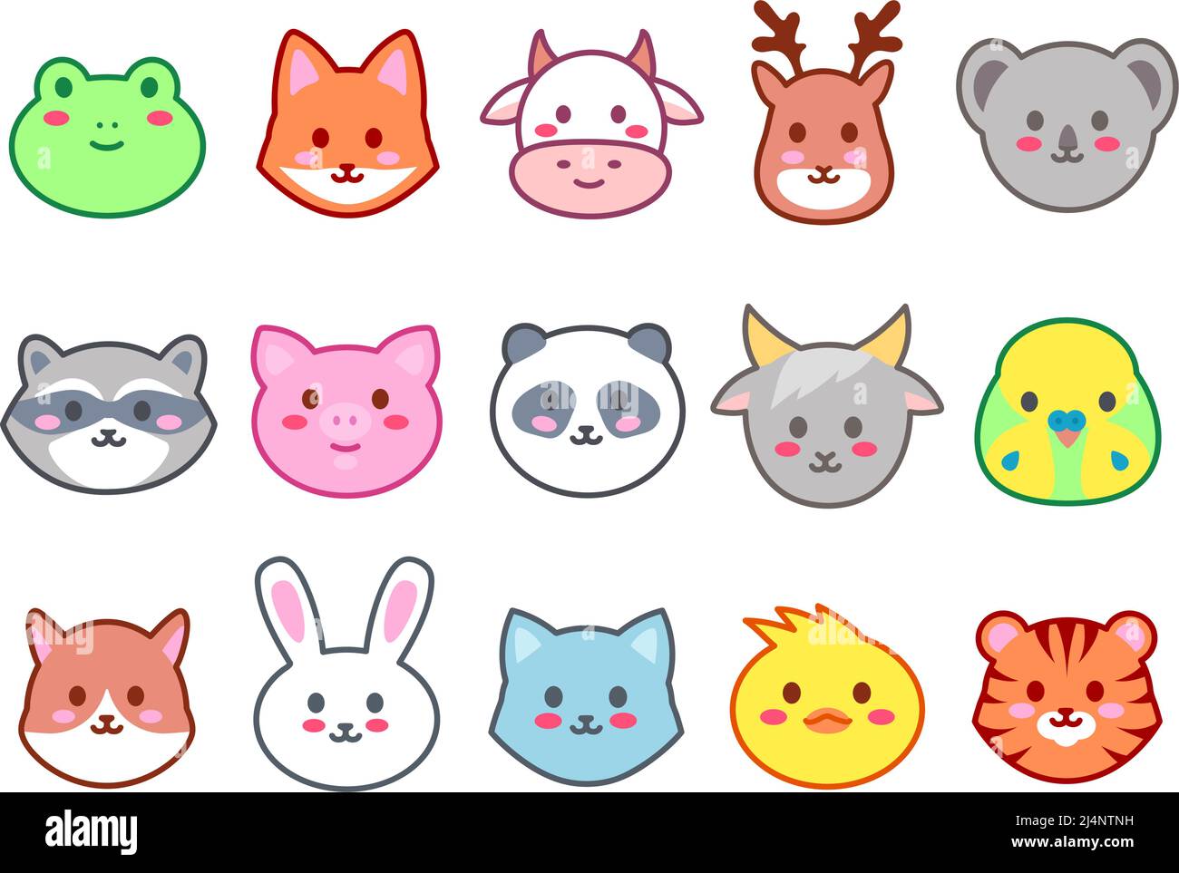 Kawaii-Tiere. Niedliche Zoogesichter, lächelnde Tierköpfe Cartoon-Vektor Illustration Set Stock Vektor
