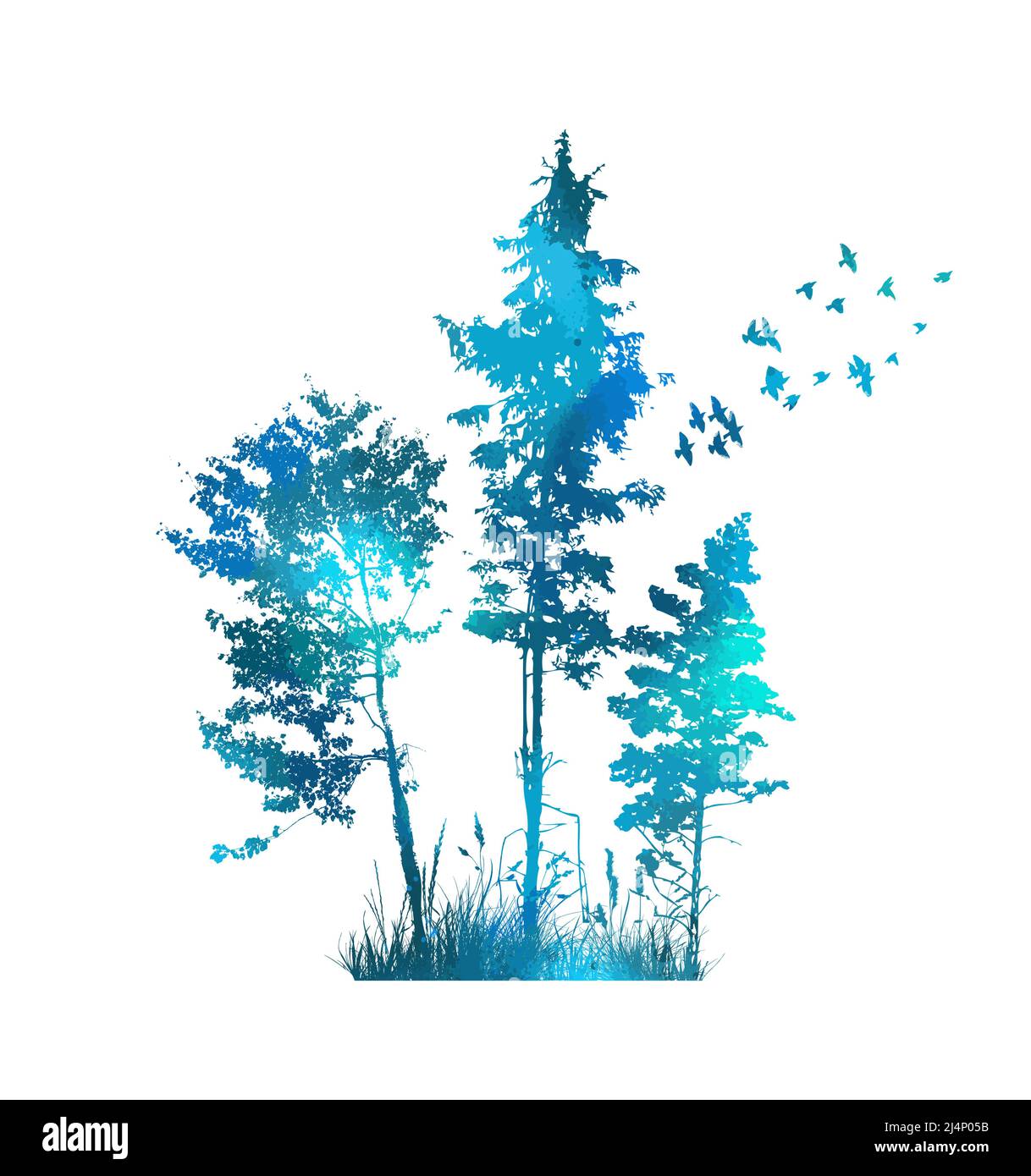 Blaue Bäume mit Vögeln. Vektorgrafik Stock Vektor