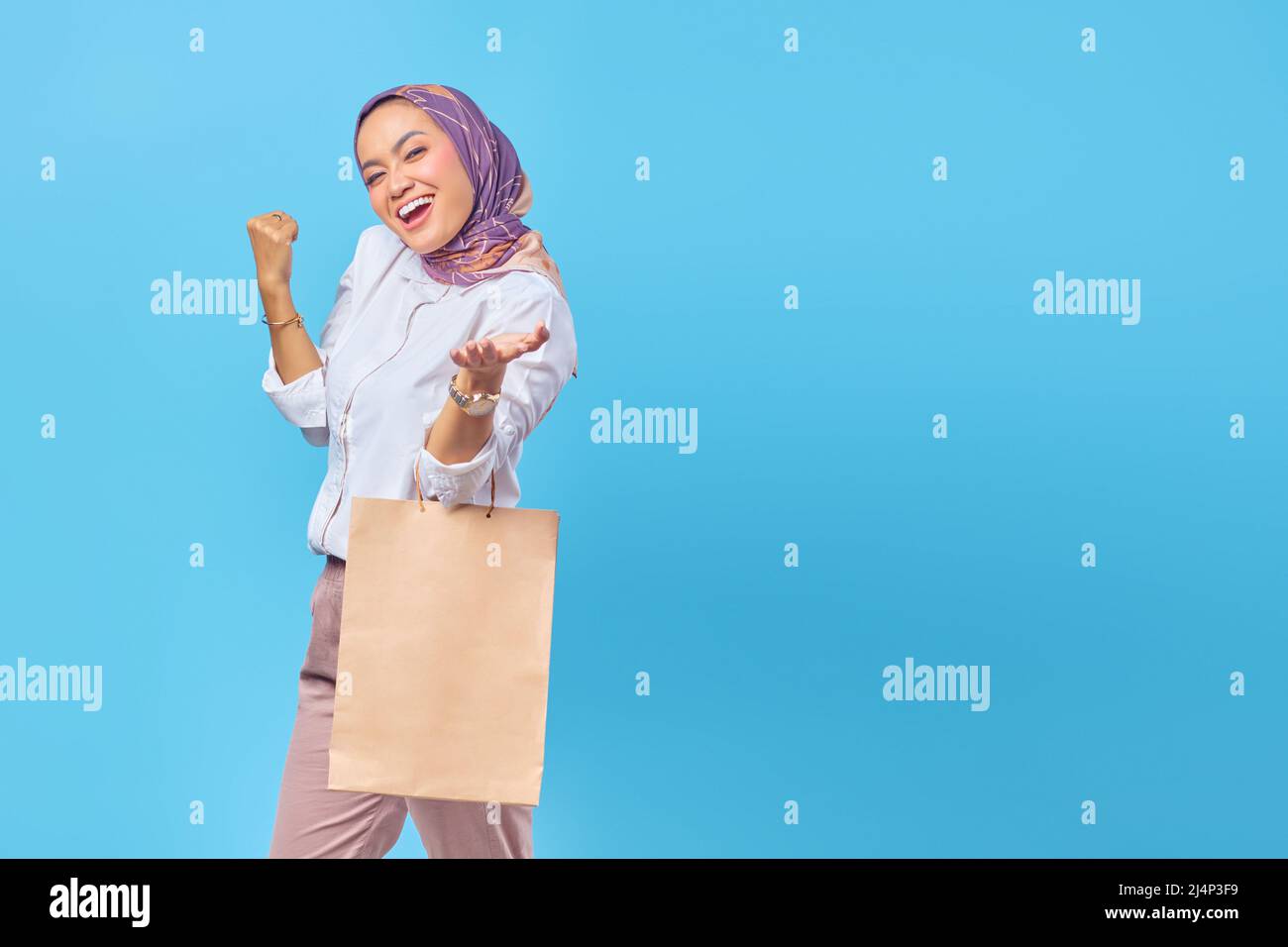 Porträt der modischen attraktiven glücklichen Frau mit Einkaufstaschen. Platz für Werbeanzeigen kopieren Stockfoto