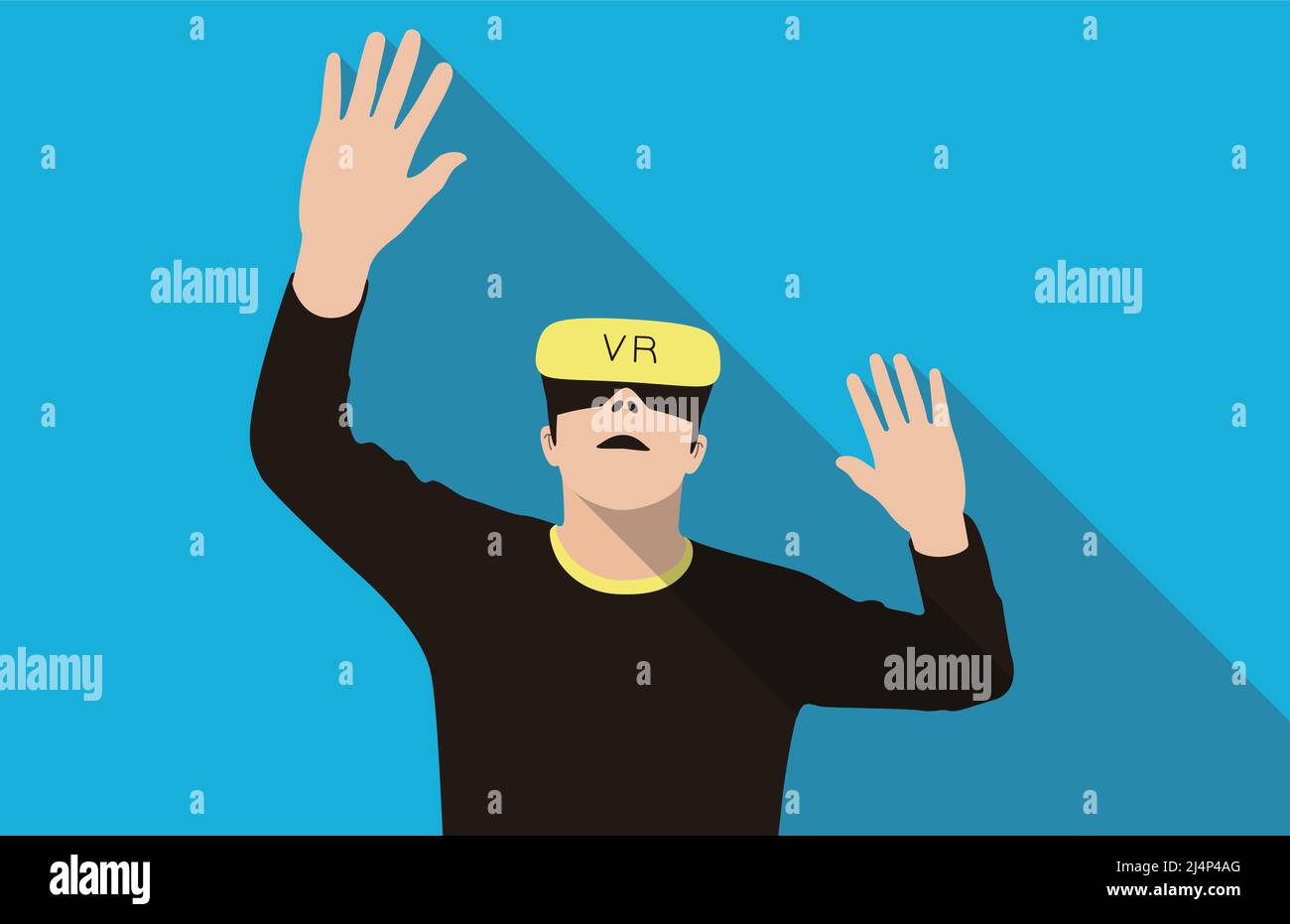 Mann mit Virtual-Reality-Brille. Hände hoch, Vektor Spiele,-illustration Stock Vektor